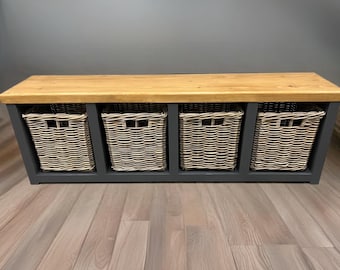Industrial rustic storage basket bench