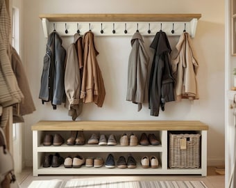 Shoe Bench with Coat Rack Wicker Basket - Farrow & Ball Rustic Pine