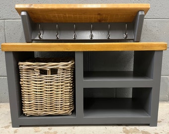 Farrow and Ball painted Industrial style shoe bench with storage basket and coat rack with shelf and cast iron coat hooks, built to order