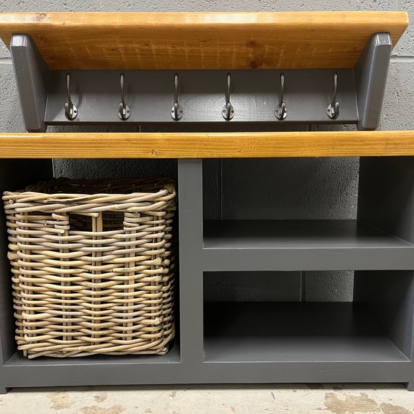 Farrow and Ball painted Industrial style shoe bench with storage basket and coat rack with shelf and cast iron coat hooks, built to order