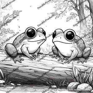 May include: A black and white illustration of two frogs sitting on a log. The frogs have large eyes and are facing each other. The log is surrounded by foliage.