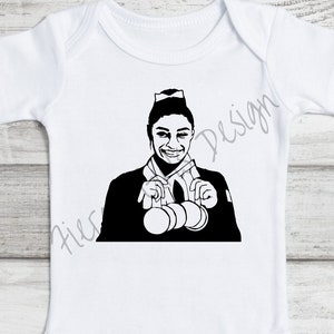 May include: A white baby onesie with a black and white illustration of a person holding a set of medals.