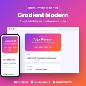 May include: A digital resume and CV website template featuring a gradient purple to orange color scheme. The layout displays a mobile phone and a desktop browser window showing the name Alex Morgan, a professional summary, and experience sections.