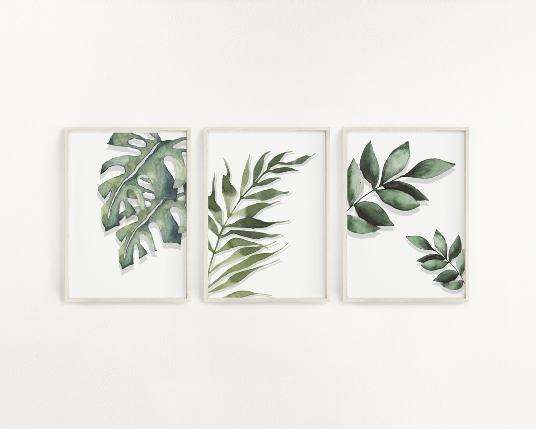 Printable Set of 3 Botanical Watercolor Wall Art,green Leaf Wall Decor ...