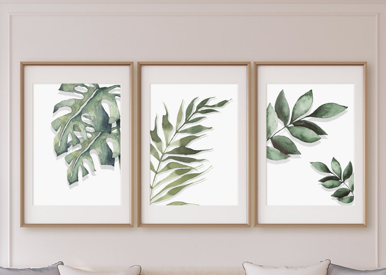Printable Set of 3 Botanical Watercolor Wall Art,green Leaf Wall Decor ...