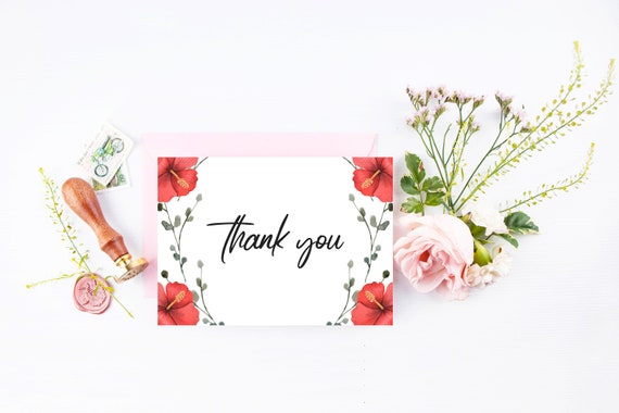 Printable Flat Thank You Card/red Flower Greeting Card/instant - Etsy