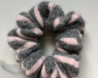 100% Cashmere Scrunchie, Baby Pink & Gray Stripes