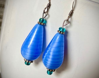 Iridescent Light Blue Teardrop Glass Beaded Earrings