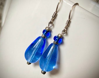 Vibrant Light Blue Teardrop Glass Beaded Earrings