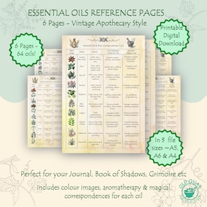 May include: A set of printable digital download pages with essential oils reference information in a vintage apothecary style. The pages include color images, aromatherapy, and magical correspondences for each oil. The text reads "Essential Oils Reference Pages".