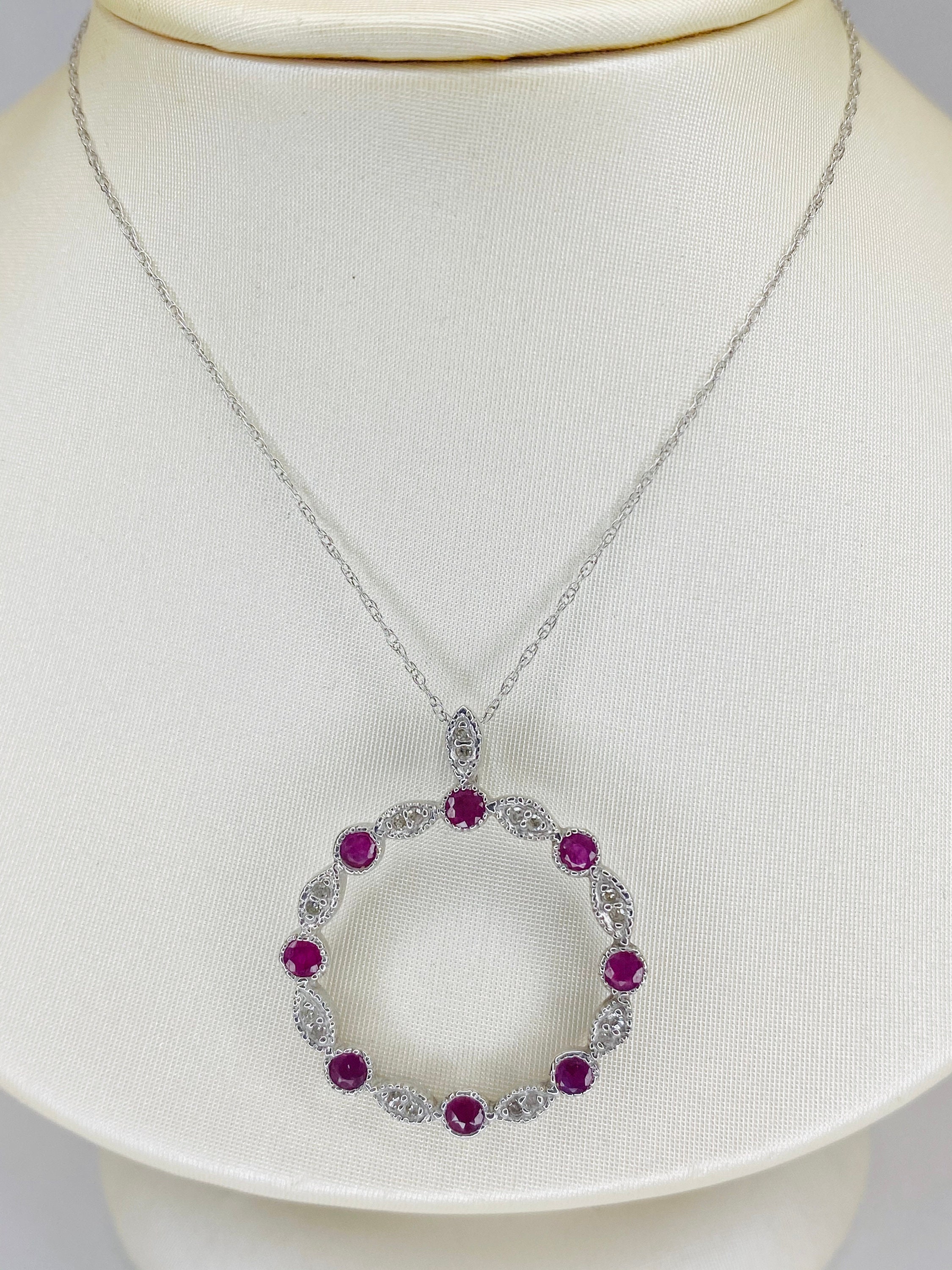 10KT White Gold Circular Ruby Pendant Necklace with Diamonds Etsy