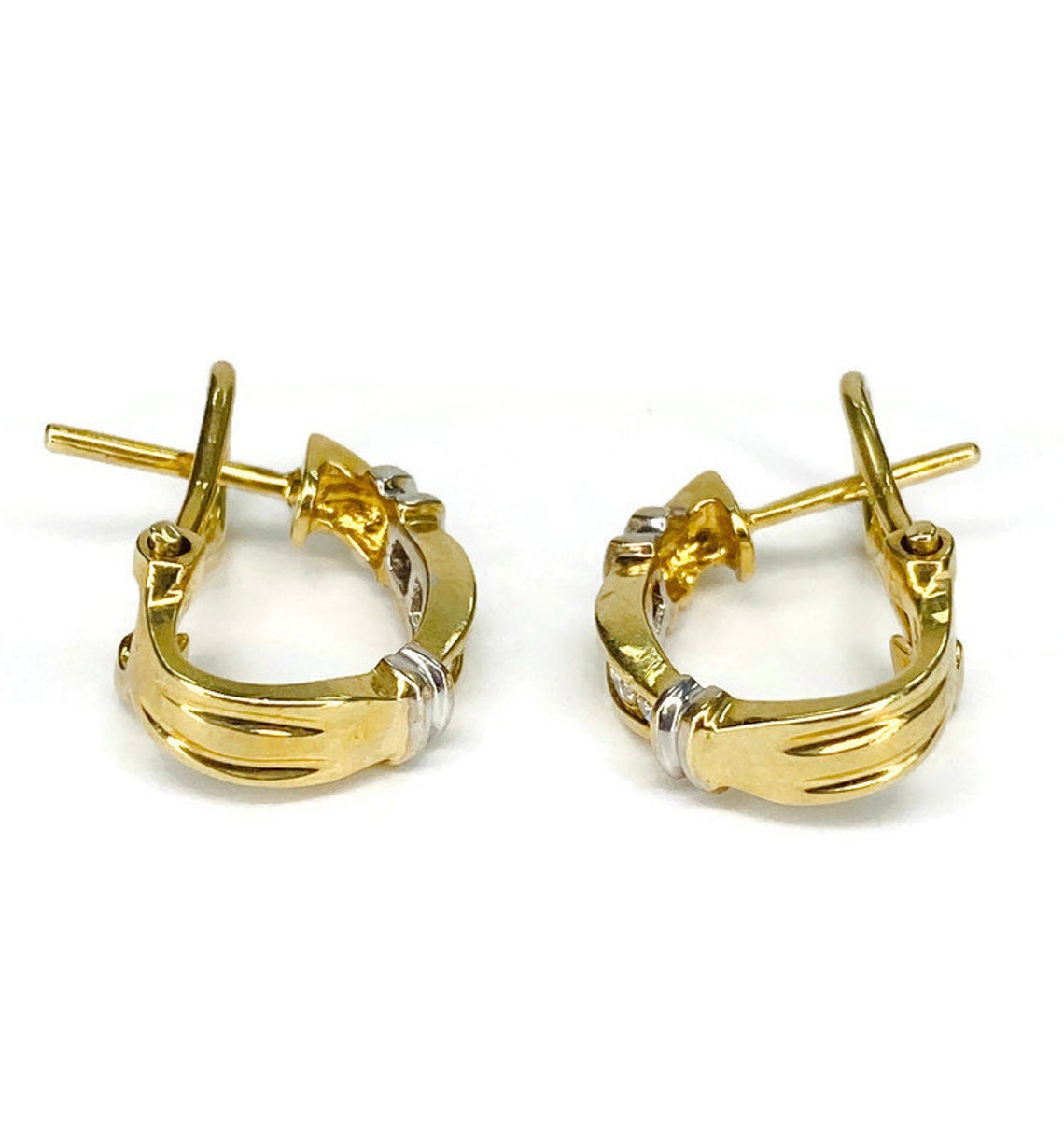 14KT Two Toned Omega Latch Back Diamond Earrings | Etsy