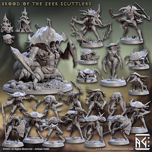 May include: A collection of gray miniature figures, including various insectoid creatures and structures. The figures are posed in dynamic stances, some holding weapons. The text "BROOD OF THE ZEEK SCUTTLERS" is at the top. The Artisan Guild logo is in the bottom right corner.