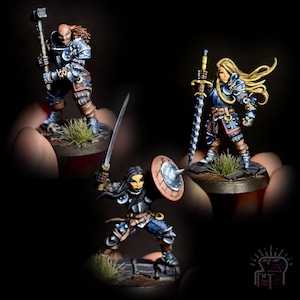 May include: Three hand-painted miniature figures of fantasy warriors. The figures are wearing blue and silver armor and are holding weapons. The figures are standing on small bases with green grass.
