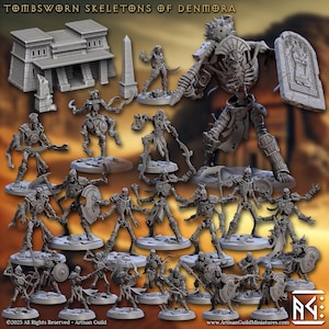 Könnte beinhalten: Ein Set mit 20 grauen Plastik-Miniaturfiguren von Skeletten, einige mit Waffen, andere mit Schilden. Die Figuren sind in einem Kreis um eine graue Plastik-Miniatur eines Tempels angeordnet. Der Text "TOMBSWORN SKELETONS OF DENIMORA" befindet sich oben im Bild.