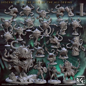 May include: A collection of gray miniature fantasy figures, including various monsters with multiple eyes, tentacles, and sharp teeth. The figures are arranged with a large, detailed monster in the foreground and several human figures. Text at the top reads "DESCENT INTO THE HIVE OF THE ALL-SEEING".