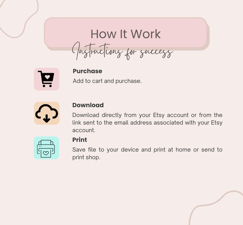 May include: A light pink graphic with the text "How It Work" and "Instructions for success". The graphic shows a shopping cart, a cloud, and a printer with instructions to purchase, download, and print.