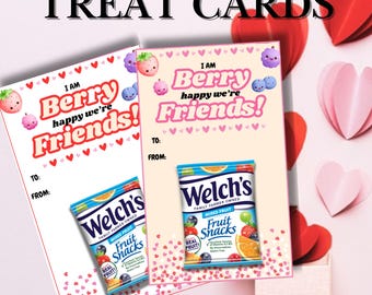 Può includere: Biglietti di San Valentino con la scritta "I am Berry happy we're Friends!" e spazio per scrivere "A:" e "Da:". Ogni biglietto ha un pacchetto di Welch's Fruit Snacks. Lo sfondo presenta cuori di carta.