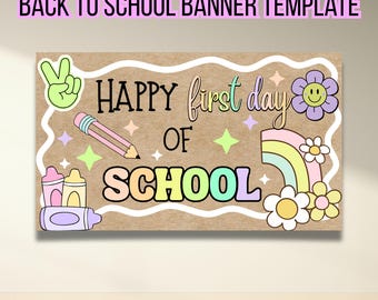 Glücklicher erster Schultag Pastell Banner Vorlage | Back To Banner Schule | Digitale Vorlage | Handgemalte Banner Vorlage | Erster Schultag