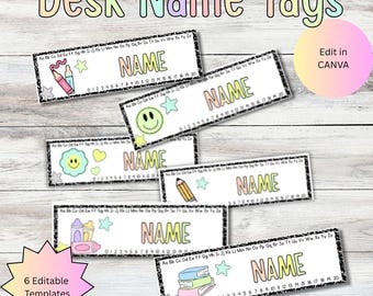 May include: A collection of six editable desk name tag templates. Each tag features a space for a name, an alphabet line, and a number line. The tags are decorated with colorful illustrations of pencils, stars, books, and smiley faces. The words "Desk Name Tags" are at the top.