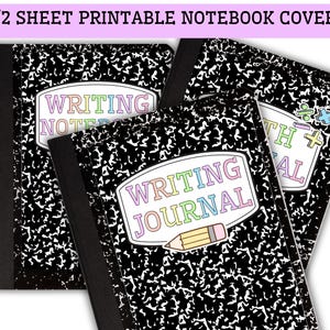 May include: Notebooks with black and white speckled covers. Each notebook has a label with the words "Writing Journal", "Writing Notes", or "Math Journal" in colorful text. A pencil graphic is on one label.
