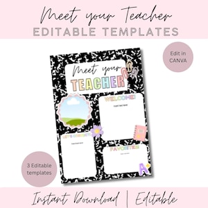 May include: A digital template with the text "Meet your Teacher" in a colorful, playful font. The design includes editable sections for information, a notebook graphic, and the words "Welcome!" and "Favorites." The template is designed for instant download and editing in Canva.