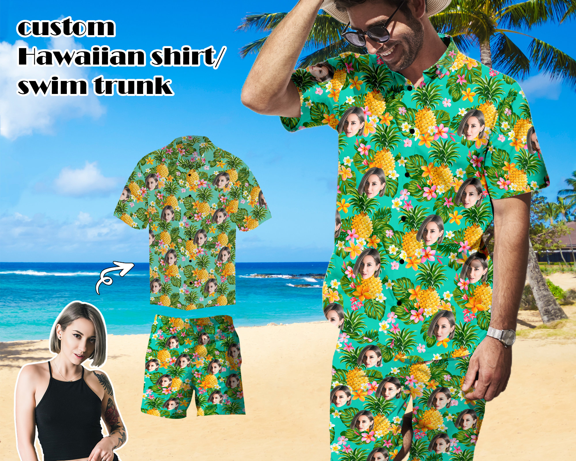 Chemise hawaïenne personnalisée et robe de plage, couples