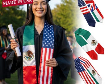 May include: A graduate in a black gown and cap, wearing a graduation stole with the American flag design. The image also shows stoles with the Mexican and British flags. The text "MADE IN USA" and "24-48H SHIPPING" are visible.