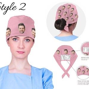 Puede incluir: Un gorro de quir&oacute;fano rosa con una barra absorbente de sudor y correas ajustables. El gorro est&aacute; decorado con un patr&oacute;n repetido de un rostro humano.