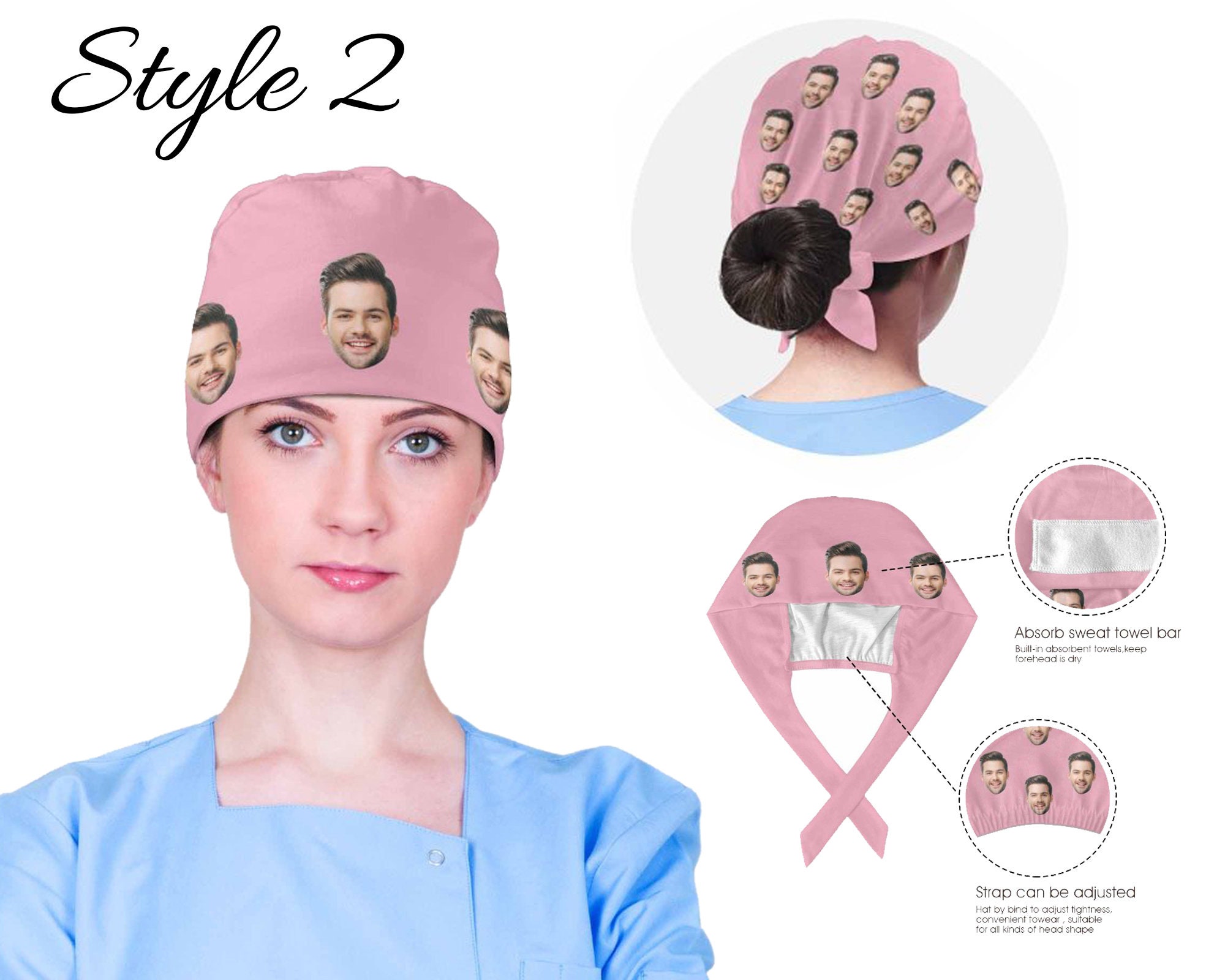 Scrub Caps Women Men - Charming Cartoon Pink Cute Pig Waterproof Working Cap Hats Surgical With Sweatband Soft Comfy Adjustable Nurse