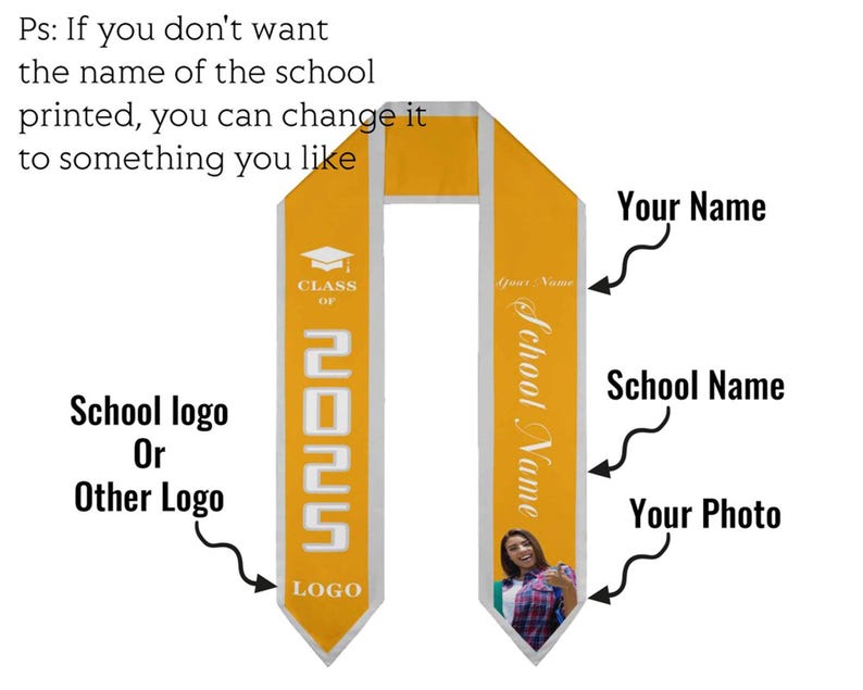 May include: A yellow graduation sash with white trim. The sash has a space for a school logo, the year "2025", and the text "Class of". There is also a space for a photo, the school name, and the graduate's name.