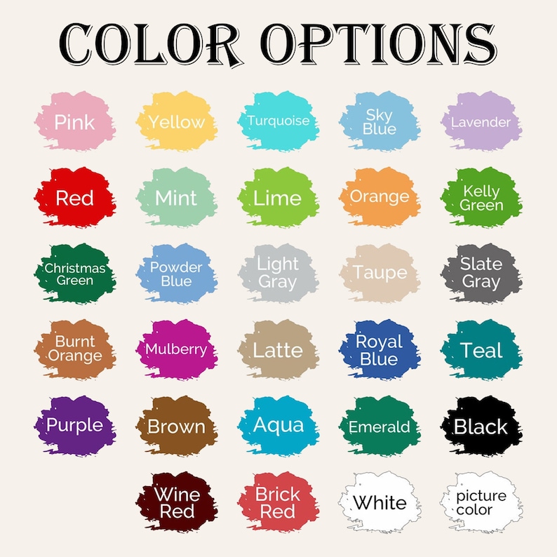 Op de afbeelding: Een kleurenoptiekaart met 25 verschillende kleurstalen. De kleuren omvatten roze, geel, turquoise, hemelsblauw, lavendel, rood, mint, limoen, oranje, kelly groen, kerstgroen, poederblauw, lichtgrijs, taupe, leigrijs, gebrande oranje, moerbei, latte, koninklijk blauw, teal, paars, bruin, aqua, smaragd, zwart, wijnrood, baksteenrood, wit en beeldkleur.