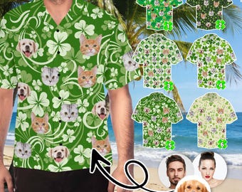 Camisa havaiana personalizada com trevo para homens e mulheres, camisa personalizada para o Dia de São Patrício com foto.