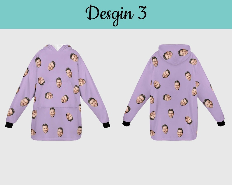 Puede incluir: Una sudadera con capucha de color morado con un patr&oacute;n repetido de un rostro de persona. La sudadera tiene capucha y mangas largas.