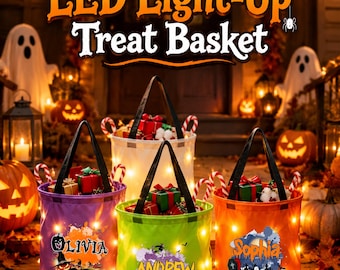 Gepersonaliseerde Halloween-mand met LED-verlichting, snoepzak met naam en lampje, griezelcadeau voor peuters, Halloween-feestdecoratie voor kinderen