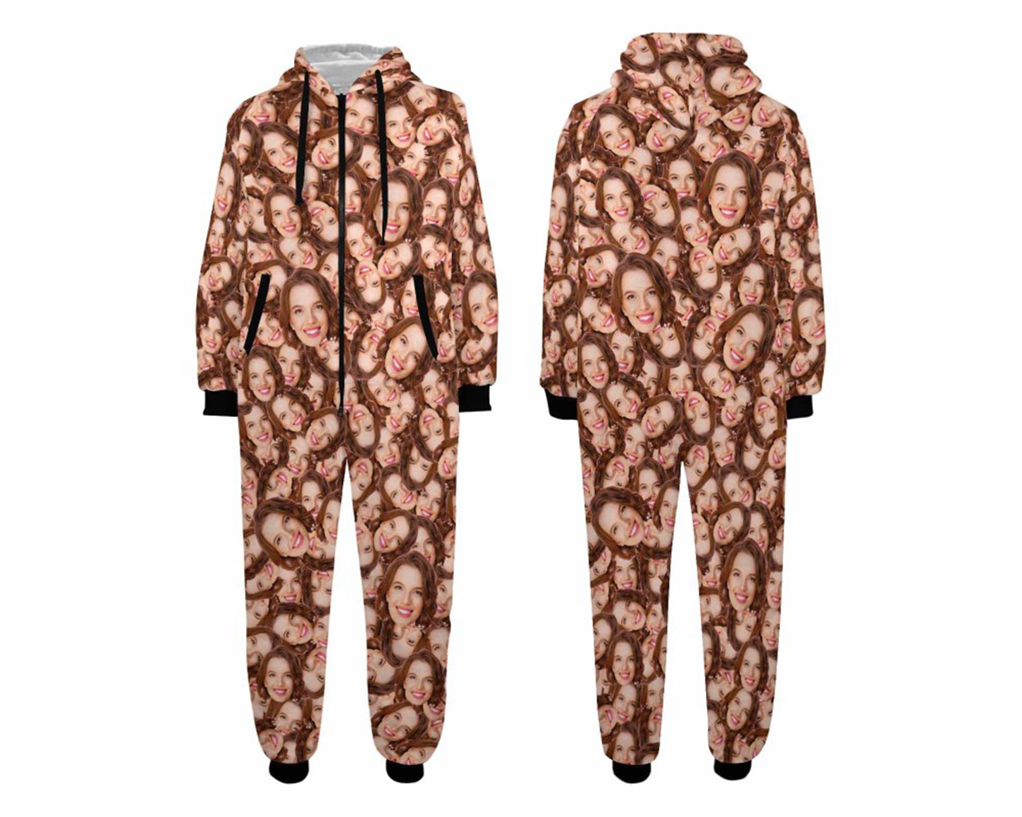 Discover Custom Face Hooded Onesie Pajamas Personalized Photo One-piece Zipper Pajamas Customize Muti-faces Hooded Onesie Jumpsuits Christmas Gift