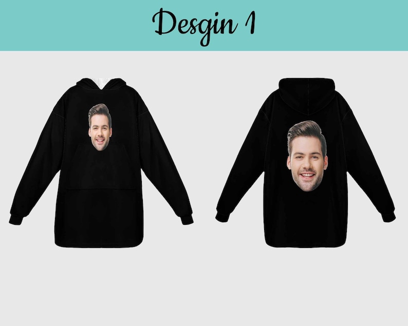 Puede incluir: Sudadera con capucha negra con la cara de una persona impresa en la parte delantera. La cara est&aacute; centrada en la sudadera y es un primer plano de la cabeza y los hombros de la persona.
