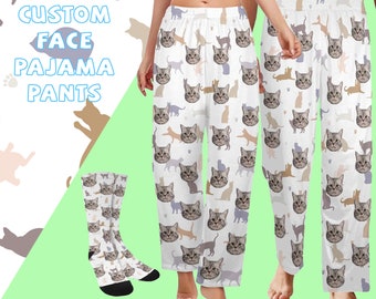 Custom Cat Face Women Men Pajama Pants Personalized Photo Pajama Pants Custom Face Couple Pj Pants Personalized Face Pajama Pants Face Socks