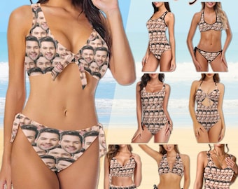 Op de afbeelding: Acht verschillende stijlen badkleding met een herhalend patroon van een mannengezicht. De badkleding omvat een bikini-top en -onderdeel, een badpak en een haltertop en -onderdeel. De badkleding is verkrijgbaar in verschillende kleuren en patronen.