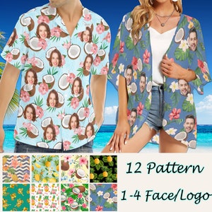 Camisa hawaiana personalizada, camisa hawaiana personalizada con cara para hombre, camisa hawaiana tropical personalizada para mujer, con estampado de frutas tropicales
