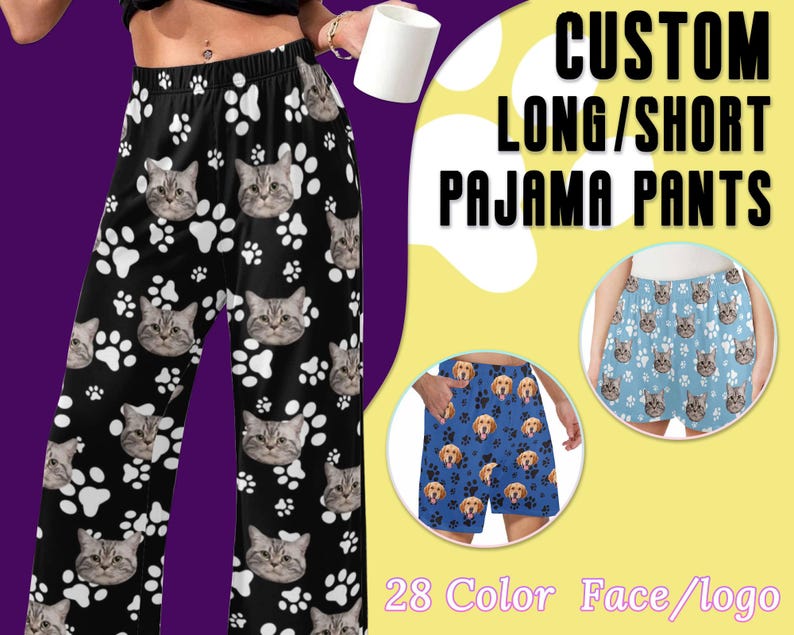Op de afbeelding: Getailleerde lange of korte pyjamabroek met een pootprintpatroon en een kattengezichtsontwerp. 28 kleur opties voor gezicht/logo zijn beschikbaar.