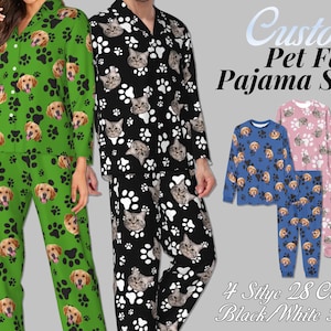 May include: Custom pet face pajama sets in four styles and 28 colors. The sets feature black and white paw prints and a variety of pet faces. The image shows a woman and a man wearing matching pajamas with dog faces. The text on the image reads "Custom Pet Face Pajama Sets" and "4 Style 28 Color Black/White Paw".