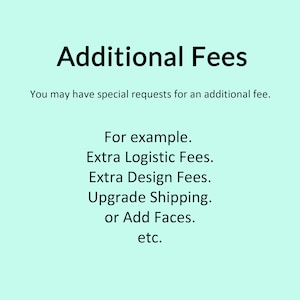 May include: Text on a light blue background that reads "Additional Fees". Below the title, it says "You may have special requests for an additional fee."  The text continues with "For example: Extra Logistic Fees. Extra Design Fees. Upgrade Shipping. or Add Faces. etc."