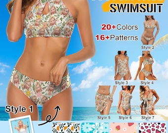 Custom Women's Swimsuit With Face,Funny Personalized Photo Swimwear,Customized Husband Face Bikini,Anniversary Bachelorette Party Gifts