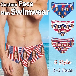 May include: Custom swimwear with a red, white, and blue American flag pattern. The swimwear features multiple faces printed on the fabric. The text "Custom Face Man Swimwear" is at the top of the image. The text "6 Style 1-3 Face" is at the bottom of the image.