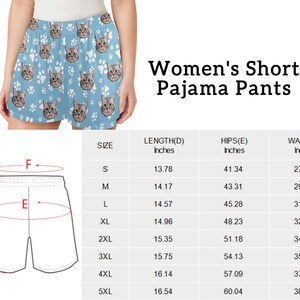 Op de afbeelding: Maattabel voor dames pyjama shorts met maten in inches. De tabel toont de lengte-, heup- en taillematen voor maten S tot en met 5XL.