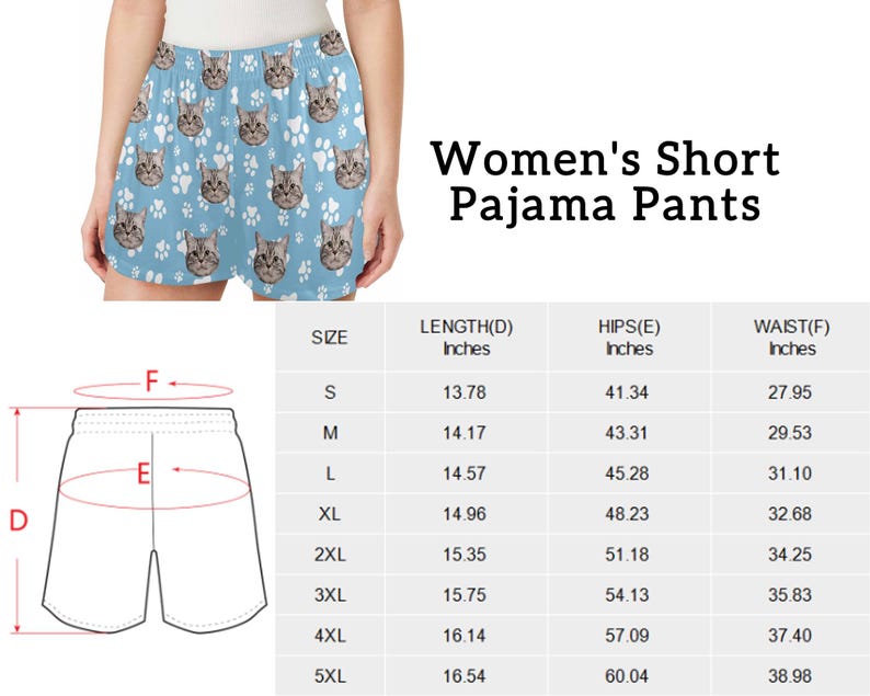 Op de afbeelding: Maattabel voor dames pyjama shorts met maten in inches. De tabel toont de lengte-, heup- en taillematen voor maten S tot en met 5XL.