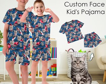 Custom Cat Face Racing Pattern Kids Pajamas,Personalized Photo Toddler Pjs,Short Sleeve Outfits/Sleepwear,Gifts for Children/Party/Birthday