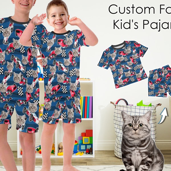 Custom Cat Face Racing Pattern Kids Pajamas,Personalized Photo Toddler Pjs,Short Sleeve Outfits/Sleepwear,Gifts for Children/Party/Birthday