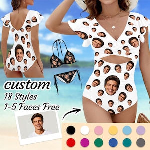 May include: A white one-piece swimsuit and a two-piece bikini set featuring a repeating pattern of a man's face. The one-piece has flutter sleeves and a cutout at the waist. The bikini has triangle cups and side-tie bottoms. Text reads custom 18 Styles 1-5 Faces Free.